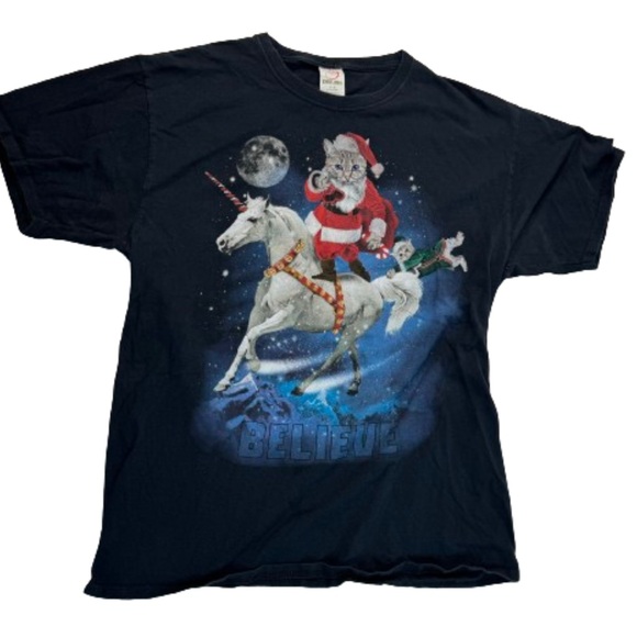 Santa Cat Riding Unicorn T-Shirt - Picture 1 of 7